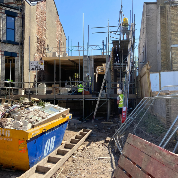 Hartington Road Liverpool construction progress showing structural framework and scaffolding